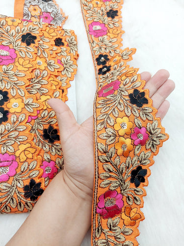 Art Silk Hand Embroidered Cutwork Lace Trim In Gold Floral Embroidery, Sari Border, Trim by Yard